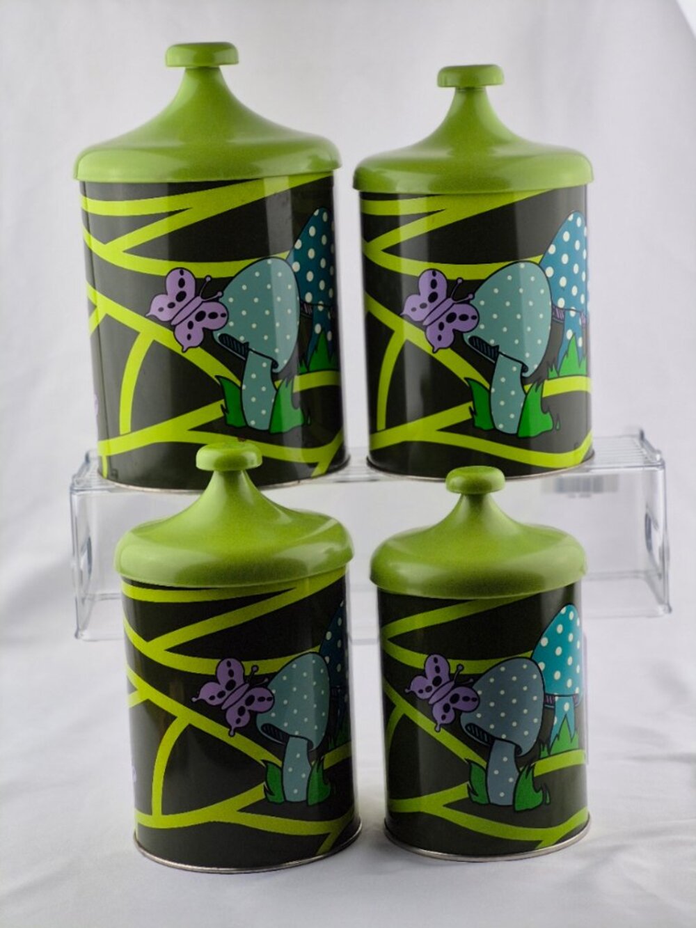Vintage Lincoln Beautyware Mushrooms & Butterflies Kitchen Canister Set of 4 - Picture 2 of 16